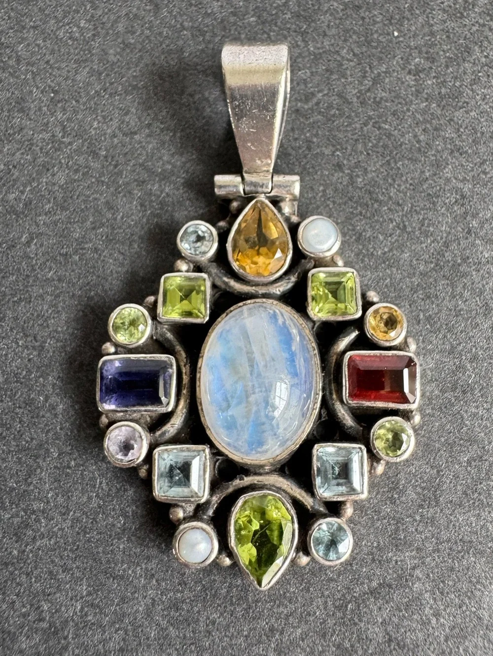 Rainbow Moonstone Stone Sterling‎ Silver Gemstone Peridot Necklace Vintage 925
